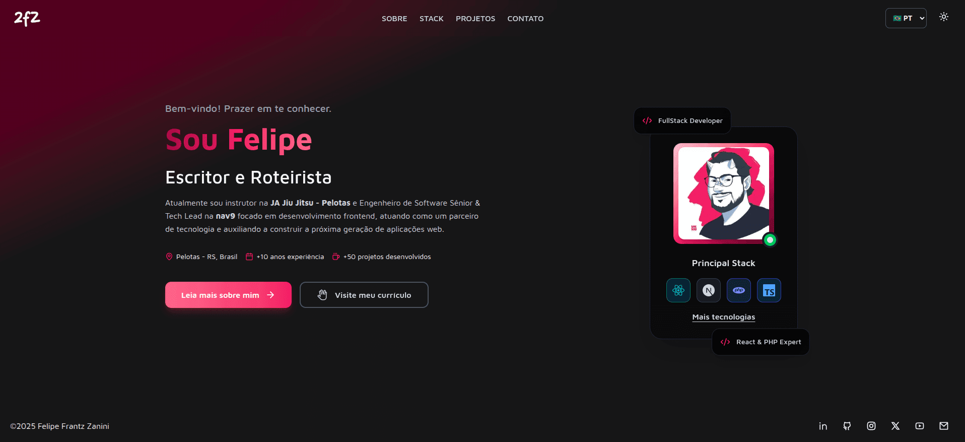 Portafolio personal hecho con Next.js, Tailwind y TypeScript - Projeto desenvolvido por Felipe Frantz Zanini (ffzanini) usando JavaScript, TypeScript, React