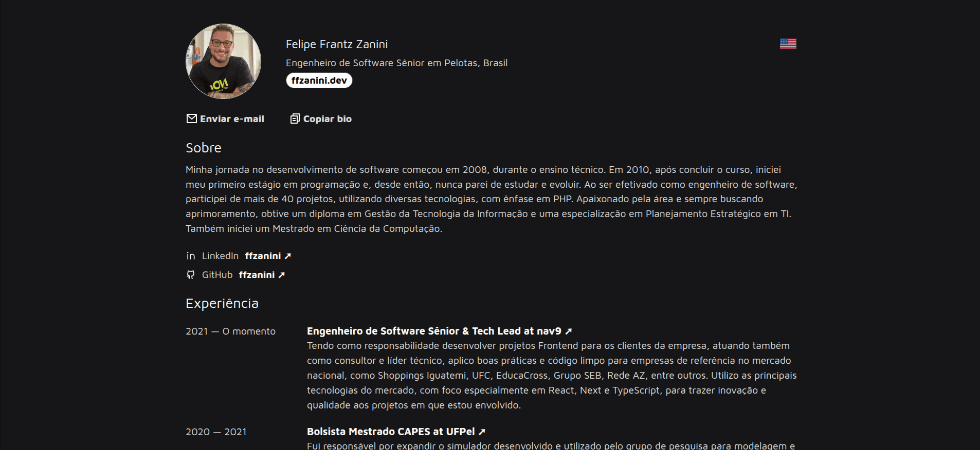 Currículum Online - Projeto desenvolvido por Felipe Frantz Zanini (ffzanini) usando JavaScript, TypeScript, React